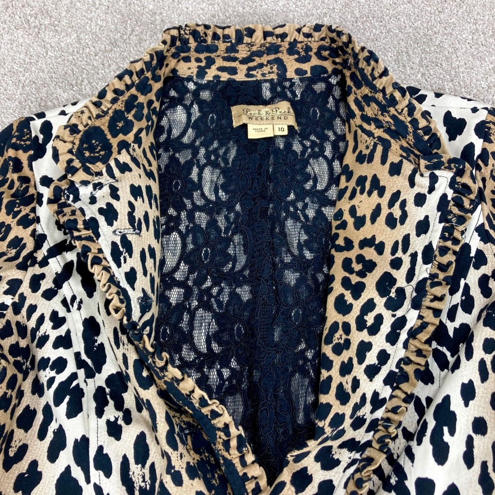 Peck & Peck Leopard Print Blazer Women Sz 10 Tan Black Ruffle Trim Edgy Mob Wife - Picture 2 of 15
